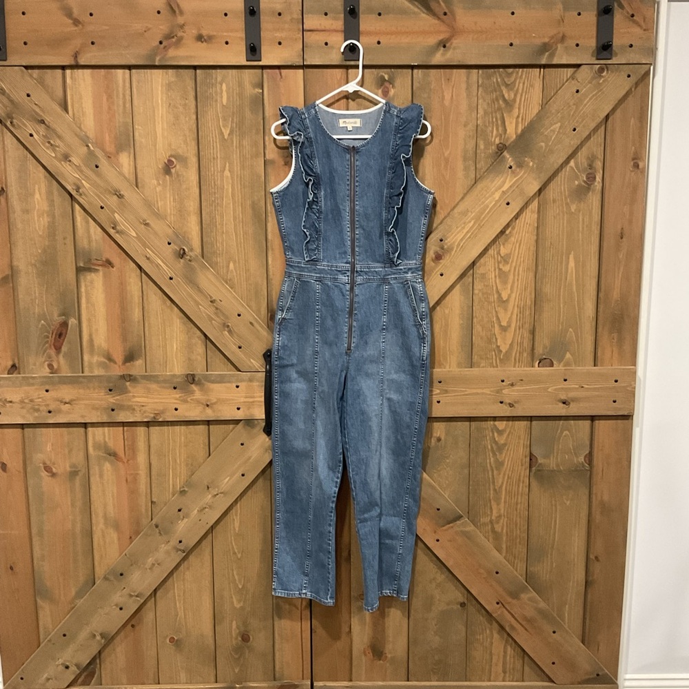 Madewell Blue Denim Ruffle-Trim Ankle Jumpsuit